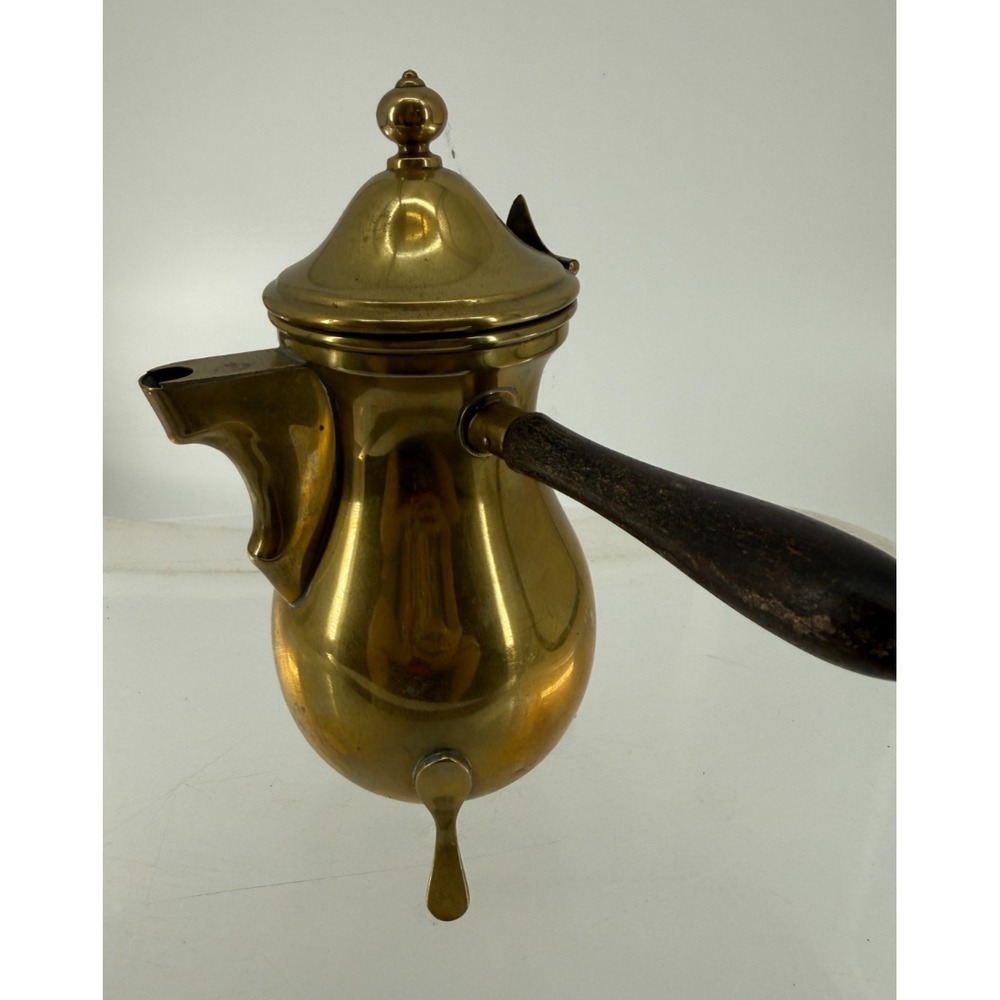 VTG Kyusu Style Brass Tea Pot Coffee Pot Wooden Handle Footed Kettle Decor